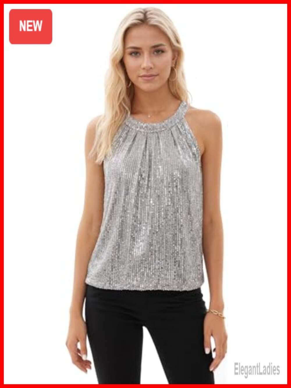 Sequin Halter Tank Top Sleeveless Sparkly Flowly Ruched Party Club Shirt